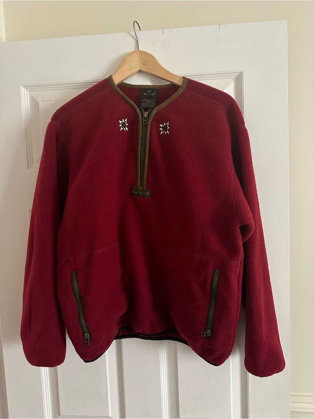 Orage Women’s Zip-Up Fleece Sweater in Deep Wine Red with Olive Trim